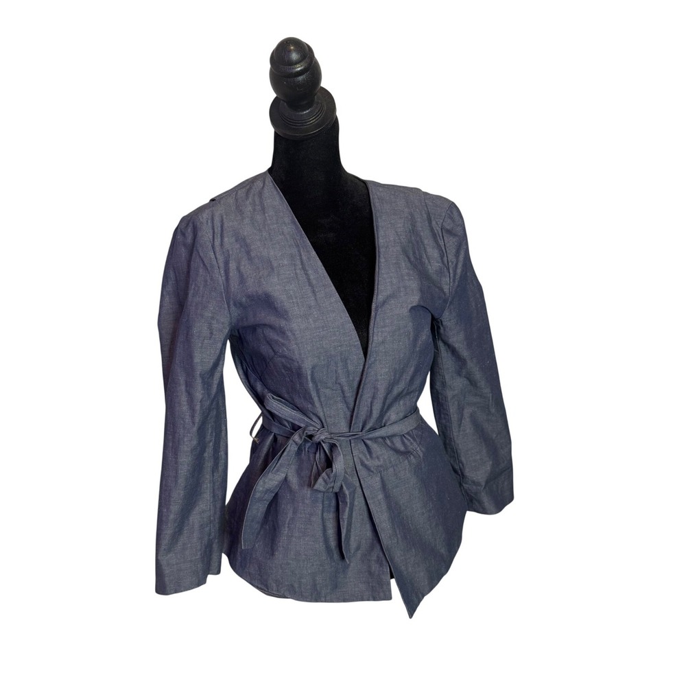 Armani Exchange Open Front Chambray Belted Blazer Jacket Womens 4 Blue Office